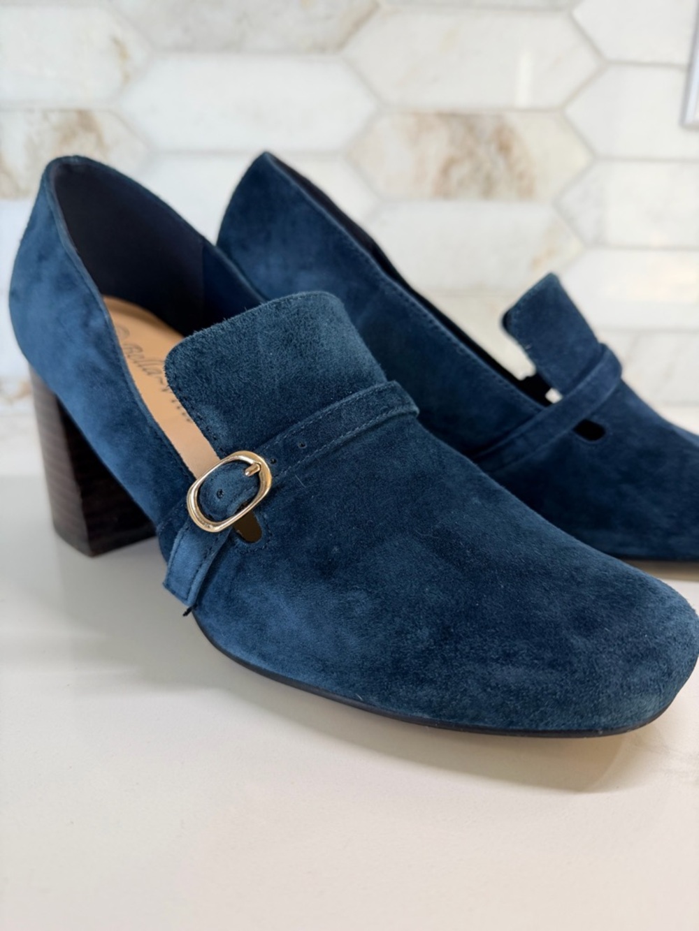 Bella Vita Navy Suede Buckle Block Heel Loafers